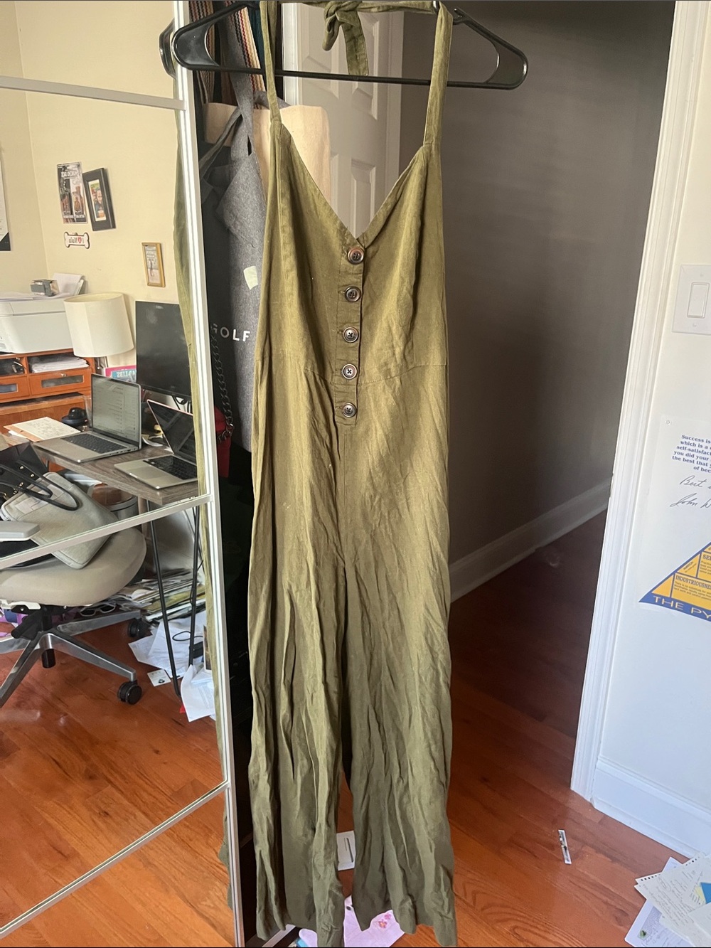 Urban Outfitters Olive Button-Front Tie-Strap Wide-Leg Jumpsuit
